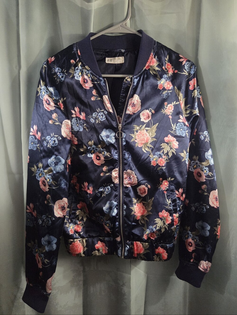 H&M Dark Blue Floral Satin Bomber Jacket-kids